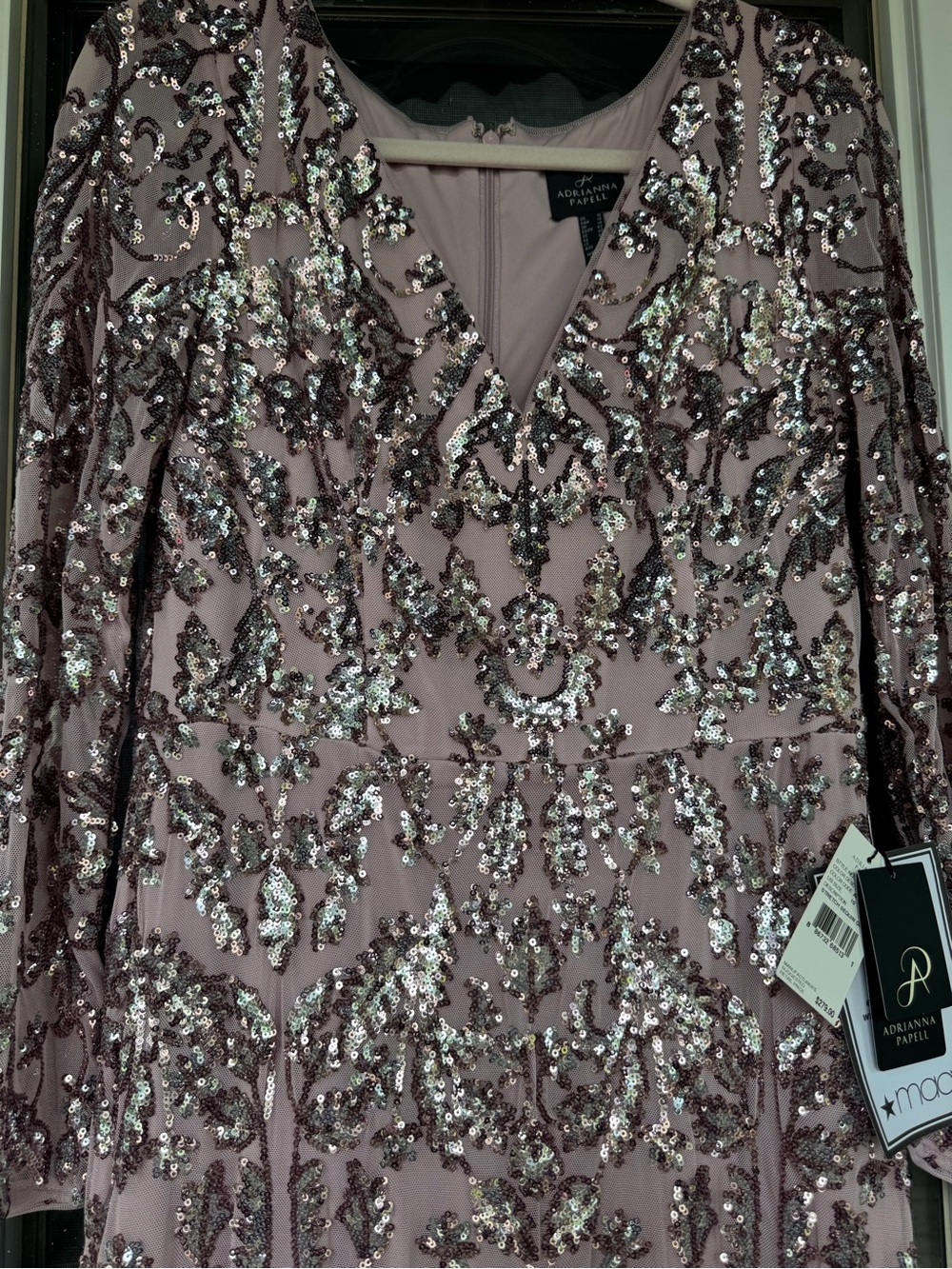 Adrianna Papell Mauve Sequin Long Sleeve V-Neck Evening Gown